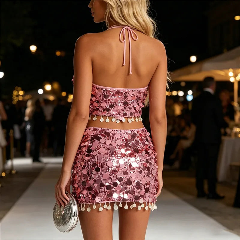 Women's Sequined Halter 2 Piece Outfit with Tassel Trim, Crop Top and Mini Skirt Set, Sparkly Clubwear for Rave Party