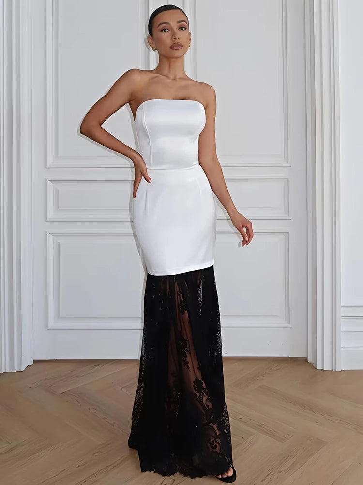 Satin Strapless Sexy Maxi Dress Women Elegant Off-shoulder Sleeveless Backless Bodycon Club Party Long Dresses Female