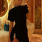 Short Sleeve Ruched Sexy Mini Dress Women Elegant Black Metal Buckle Half High Neck High Waist Bodycon Club Dress