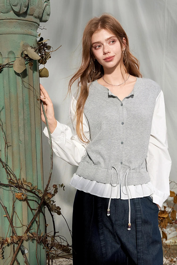 Women's Contrast Patchwork Cardigan with Drawstring Waist, Round Neck Long Sleeve Casual Top for Everyday Wear