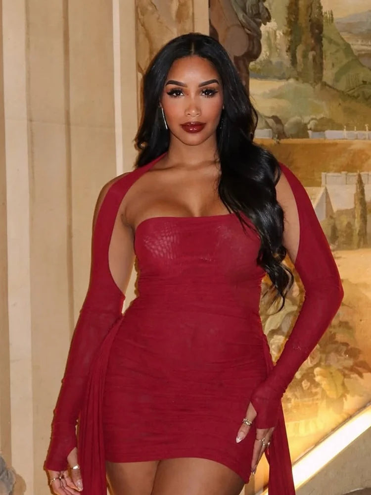 Off The Shoulder Mini Dress with Long Sleeves Sexy Mesh Sheer Birthday Party Dresses Woman Fashion 2025