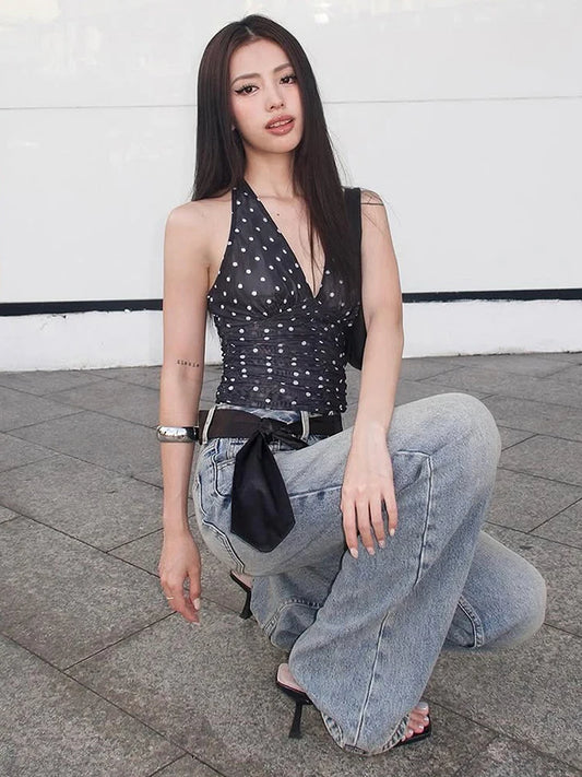 Y2K Backless Tank Tops Women Polka Dot Print V-Neck Skinny Folds Sexy Daily Street Hottie Midnight Summer Simple Vest