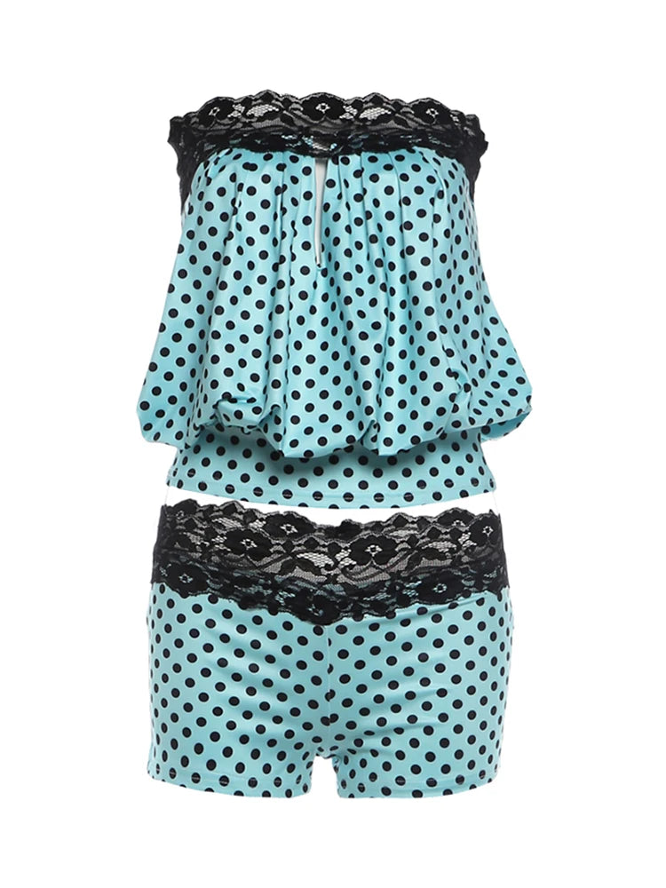 Polka Dot Print 2-Piece Set Women Patchwork Lace Hollow Tank Top+Simple Classic Short Elasticity Sexy Hottie Suit