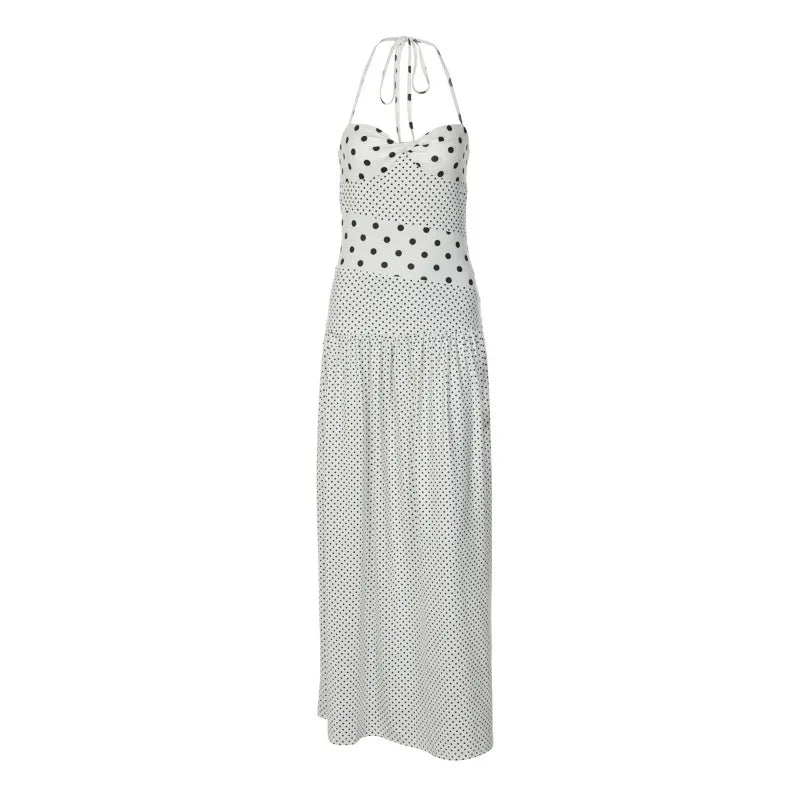 Polka Dot Print Halter Backless Pleated Long Dresses for Woman Summer White Dress Elegant Vacation Outfits