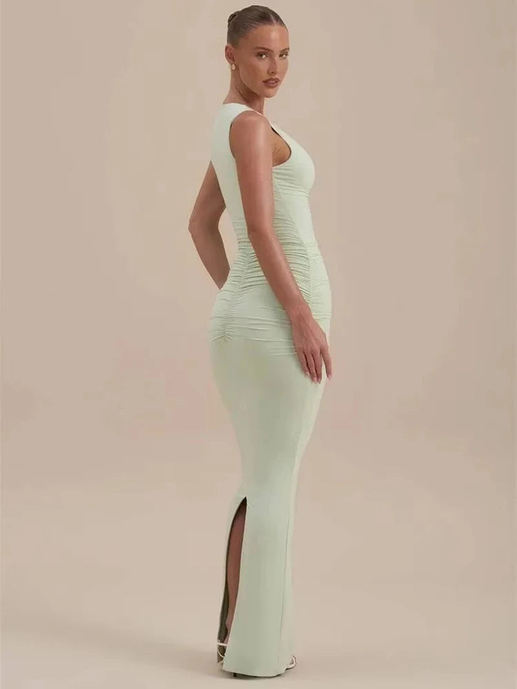 Deep V Neck Sleeveless Sexy Maxi Dress Women Elegant Ruched Bodycon Back Split Club Party Long Dress Female Clubwear