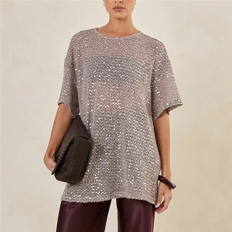 Women's Oversized Sequin Mesh T-Shirt Sheer Knit Half Sleeve Sparkly Blouse Casual Summer Beach Cover Up Top Party Club