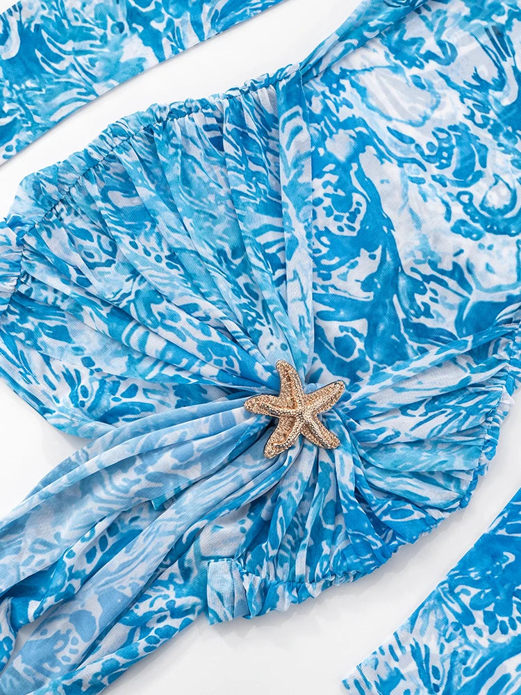 Flower Print Dress Women Sexy High Neck Long Sleeve Starfish Knot Ribbon Vacation Midnight Party Club Stretch Bodycon