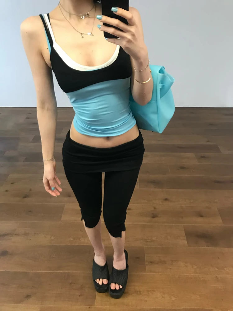Simple Two Tops Women Mini Low-Neck Camisole+High Elasticity Solid Sexy Hottie Midnight Street Summer Classic Outfit