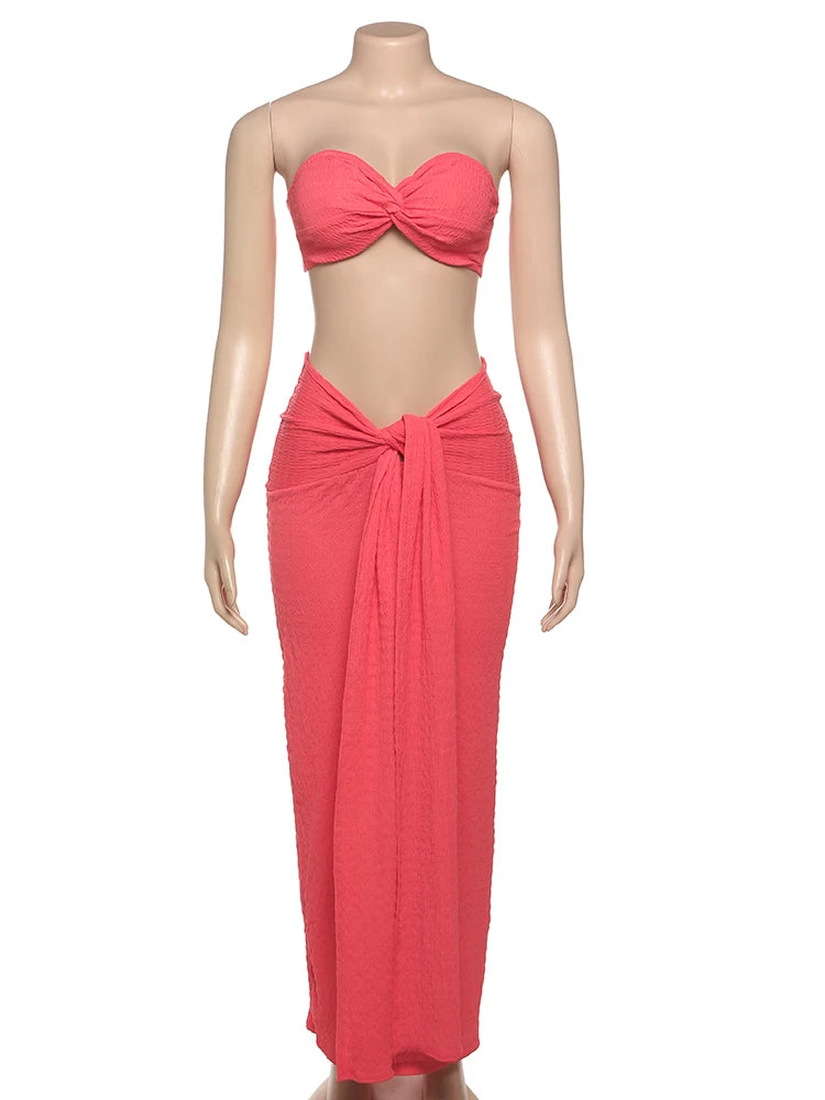 Ruched Elegant 2 Piece Set Women Sexy Off Shoulder Tube Tops+Skinny Ribbon Long Skirts Midnight Prom Party Outfits