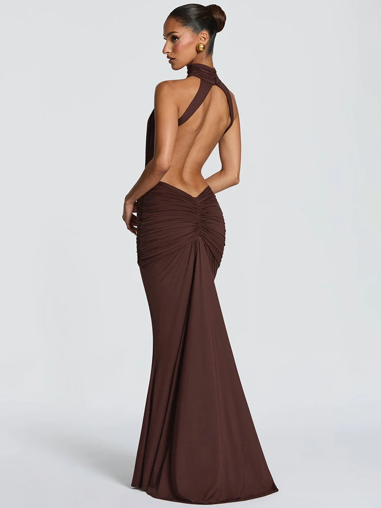 Turtleneck Backless Sexy Maxi Dress Women Gown Elegant Off-shoulder Sleeveless Ruched Bodycon Club Party Long Dress