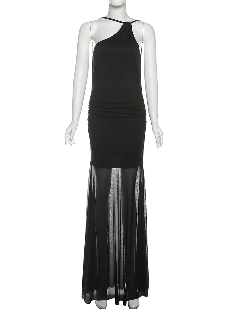 Mesh Patchwork Long Dress Women Inclined Shoulder Backless Sleeveless Midnight Prom Party Ruched Elegant Vestidos