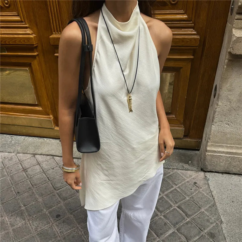 Women Backless Halter Crop Top Solid Color Satin Slip Tank Top Casual Office Ladies Off Shoulder Evening Party Vests
