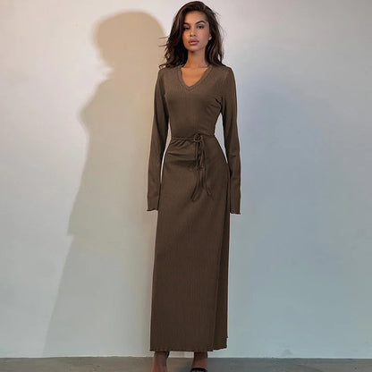 V Neck Long Sleeve Maxi Dresses Women Elegant Fashion Brown Red Green Ribbed Knit Dress Fall Winter Clothes