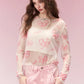 Sweet Casual All Over Print Long Sleeve T-Shirt with Lightweight Sheer Fabric, Relaxed Fit Tops for Women's Daily Outfit