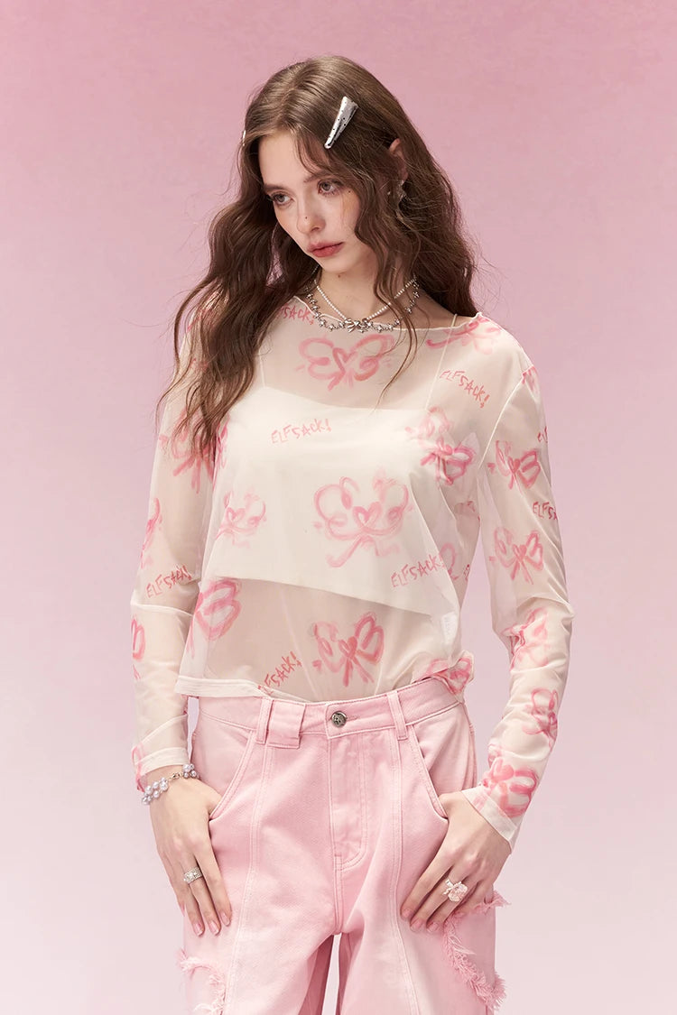 Sweet Casual All Over Print Long Sleeve T-Shirt with Lightweight Sheer Fabric, Relaxed Fit Tops for Women's Daily Outfit