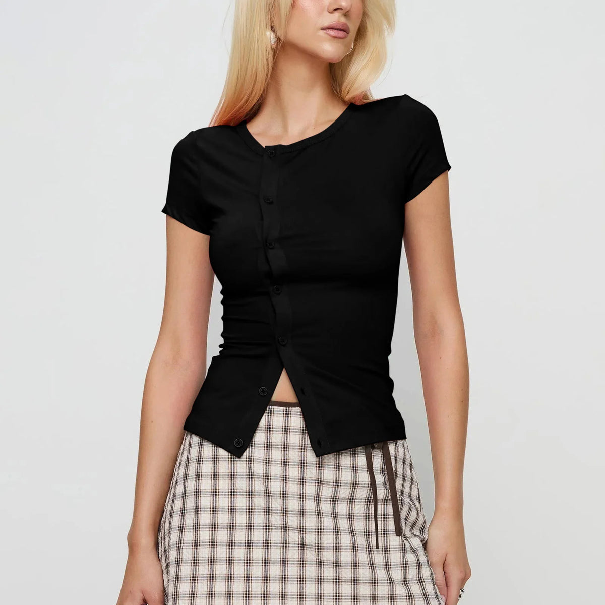 Women Solid Color T-shirt Crew Neck Short Sleeve Button Closure Slim Fit Crop Tops Summer Tops for Casual Daily