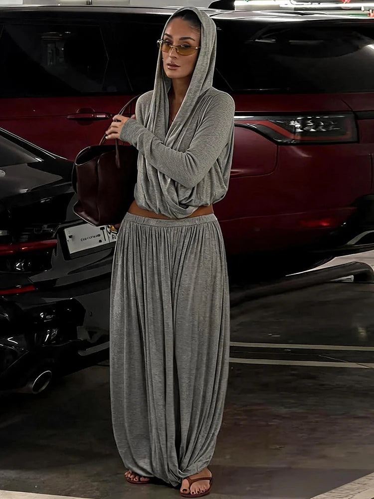 Fashion 2 Piece Set Women Hottie Simple Cross V-Neck Hooded Crop T-Shirt+Ruched Long Skirts Trend Party Street Suits