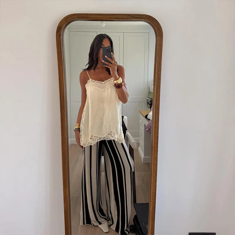 Women Lace Trim Satin High Low Tops Silk Spaghetti Strap Side Split Asymmetrical Cami Top Flowy Silky Layering Tops