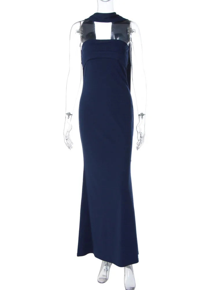 Off-shoulder Strapless Sexy Maxi Dress Women Gown Scarf Collar Sleeveless Backless Bodycon Club Party Evening Dresses