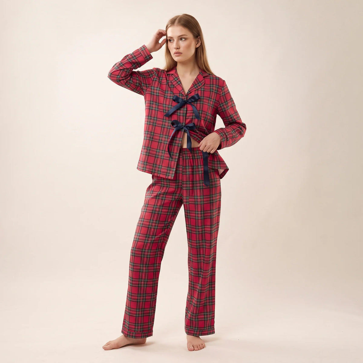 Women Christmas Two Piece Pajama Set Lapel Long Sleeve Bow Tie Top Long Pants Striped Plaid Home Loungewear Sleepwear