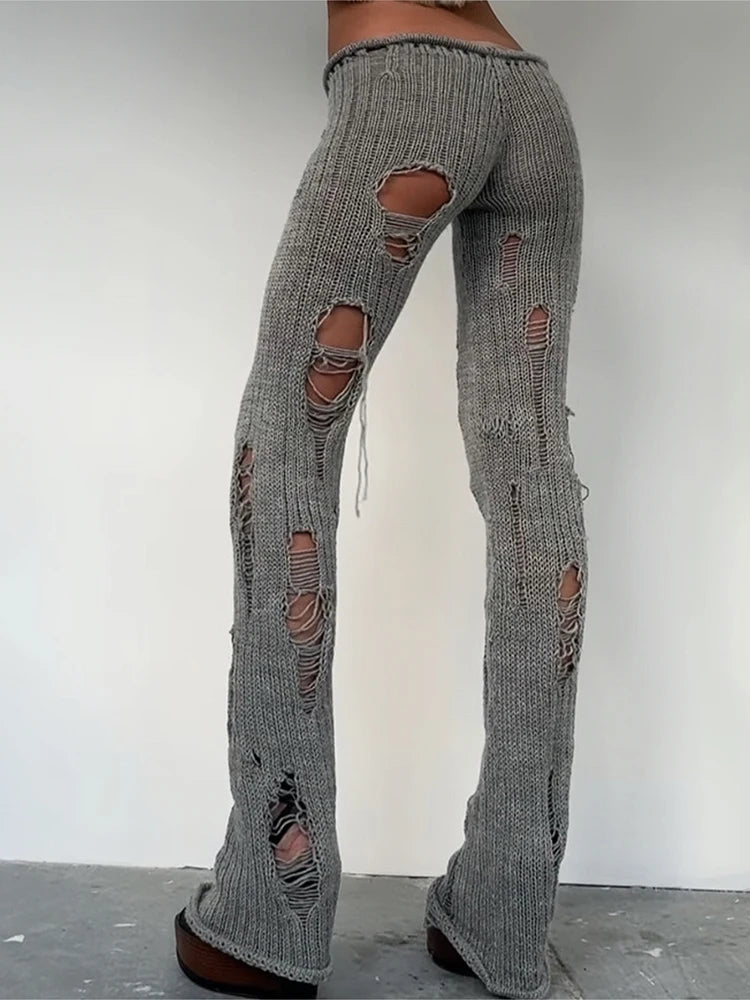 Knit Irregular Ripped Pants Women Autumn Trend Fashion Sexy Hottie Wild Solid Hip-Hop Street Clubwear Skinny Bottom