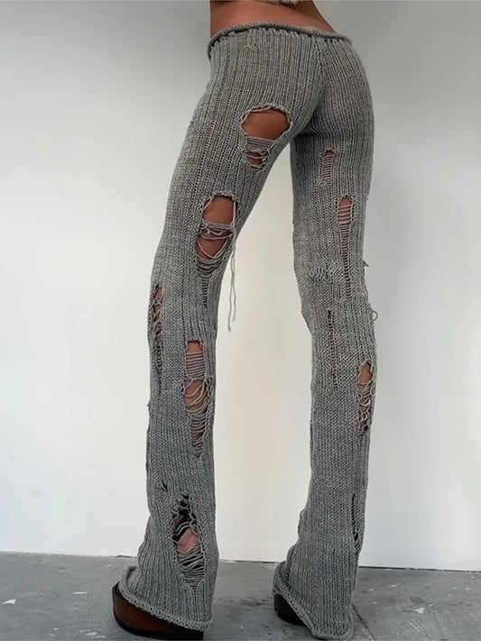 Knit Irregular Ripped Pants Women Autumn Trend Fashion Sexy Hottie Wild Solid Hip-Hop Street Clubwear Skinny Bottom