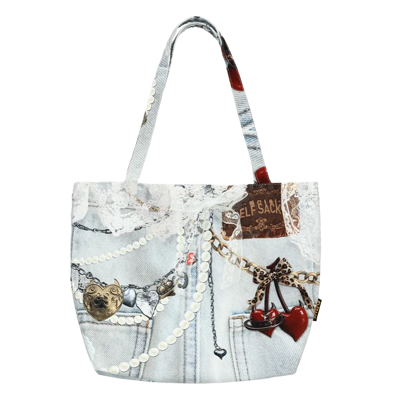 Women's Vintage Patchwork Canvas Tote Bag, Lace Bow Heart & Cat Print Large Capacity Shoulder Handbag