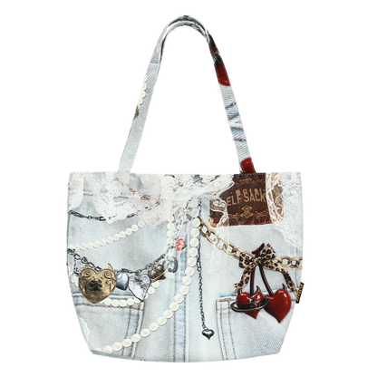 Women's Vintage Patchwork Canvas Tote Bag, Lace Bow Heart & Cat Print Large Capacity Shoulder Handbag