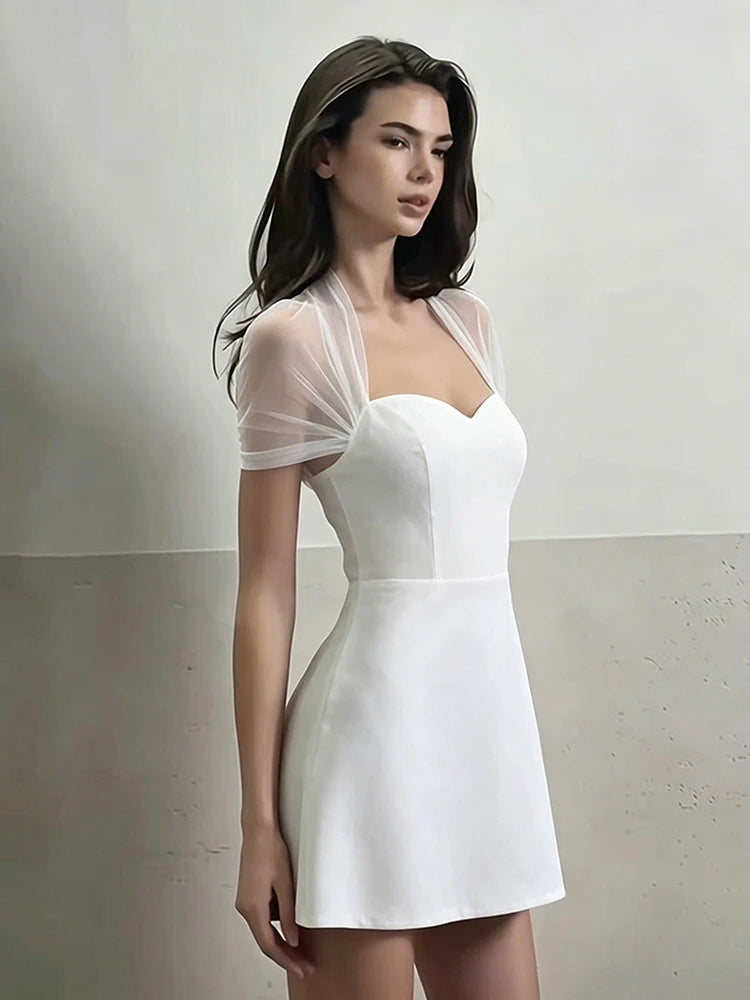 Women Elegant Square Collar Dress Fashion Mesh Patchwork Short Sleeve Stretch Sexy Trend Evening Party Club Bodycon
