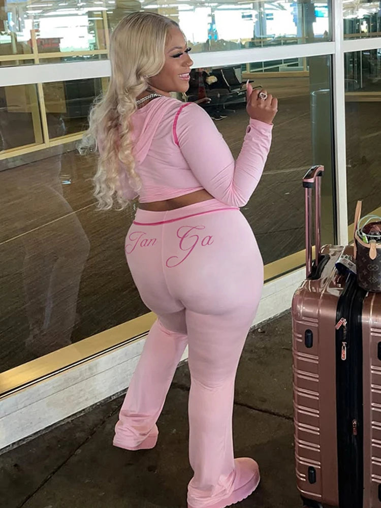 Casual Autumn Trend 2 Piece Set Woman Letter Print Full Sleeve Hooded Zip Jacket+Straight Trousers Street Fashion Outfits