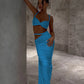 Skinny 2 Piece Set Women Square Collar Bra+Long Skirts 2025 Vacation Beach Party Summer Trend Bandage Ruched  Suits