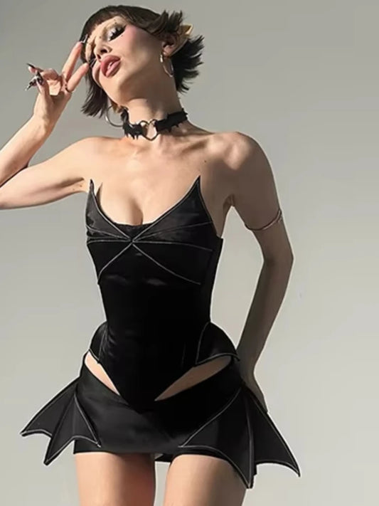 Summer New Trend Hottie Horns 2-Piece Set Women Y2K Irregular Corset Top+Patchwork Skirt Clubwear Matching Sexy Outfits