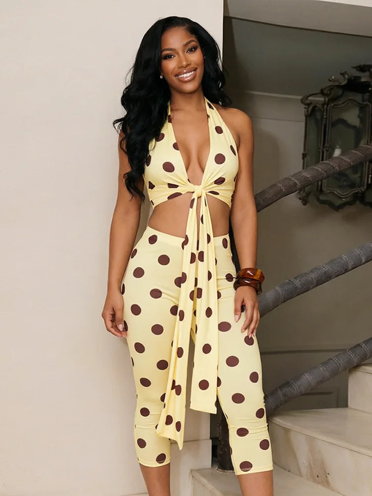 Polka Dot Print 2piece Set Women Tassel Halter v-Neck Kink Vest Elastic Waist Simple Short Midnight Sexy Fashion Suit
