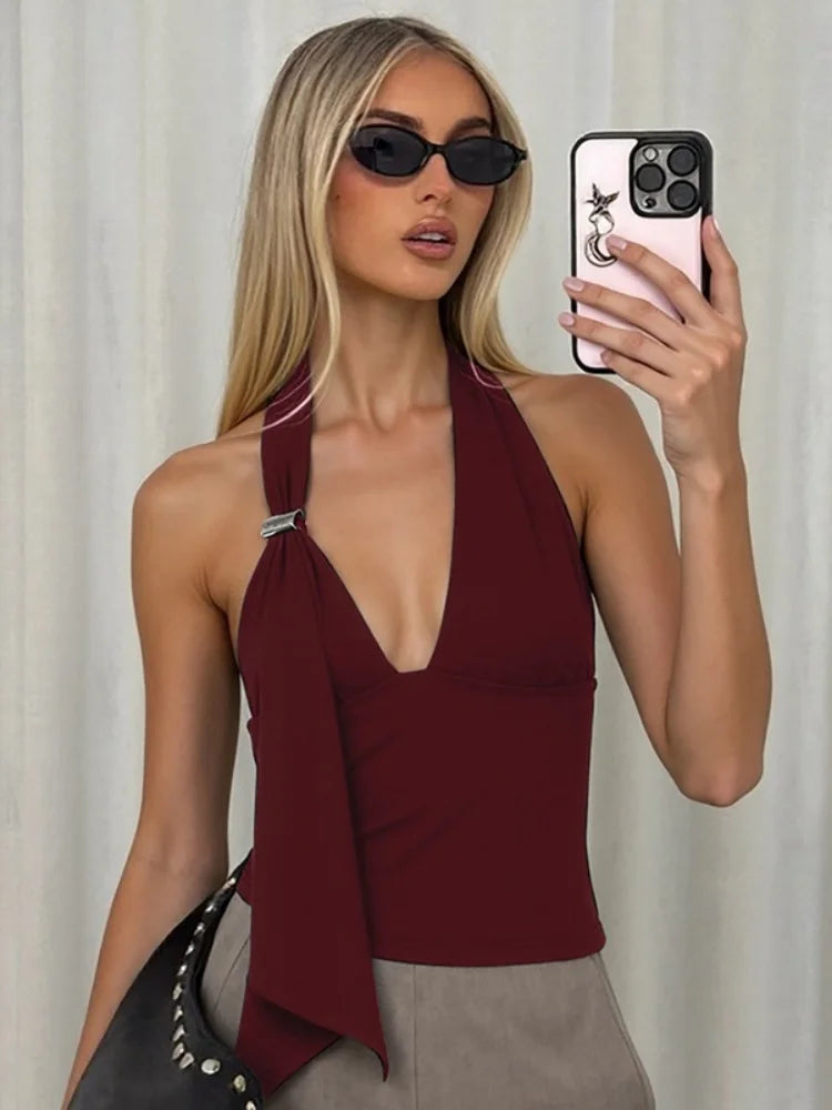 Sexy Cropped Tank Top Women Fashion Asymmetrical Deep V Neck Backless Halter Tops 2026 Summer Clothing