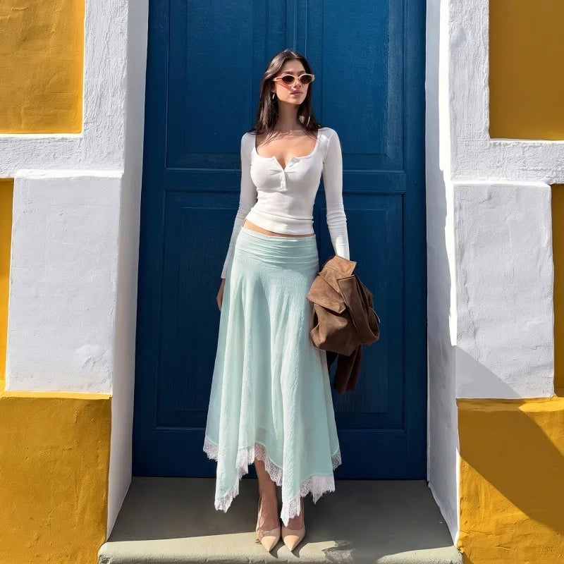 White Long Skirts with Lace Trim Asymmetric Hem Casual Vacation Style Skirt Woman Clothing Bohemian