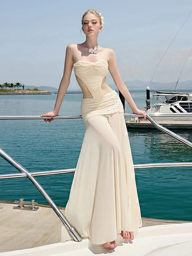 See Through Hem Folds Bandage Maxi Dress Women Waistless Backless Patchwork Flower Decoration Party Vacation Vestidos