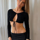 Women Y2K Knit Long Sleeve Crop Top Front Tie Cut Out Keyhole T-shirt Slim Fit Flare Cuff Hollow Out Cropped Blouse