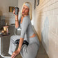 Grey Knit Matching Set Casual 2 Piece Sets Scoop Neck Top and Low-rise Pants Coords Set for Woman Fall Outfit