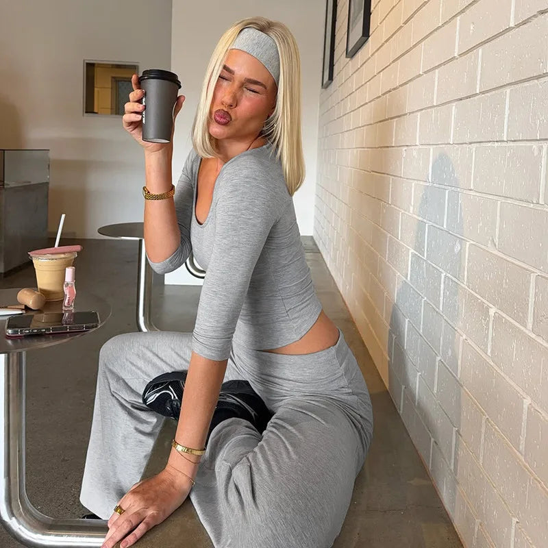 Grey Knit Matching Set Casual 2 Piece Sets Scoop Neck Top and Low-rise Pants Coords Set for Woman Fall Outfit