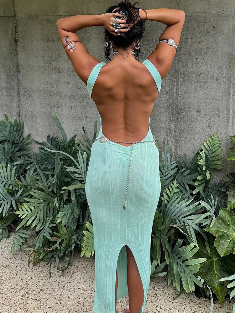 Backless See Through Dress Women Summer Slit Peach Buttocks Solid Sheath Sleeveless Sexy Beach Vacation Party Bodycon