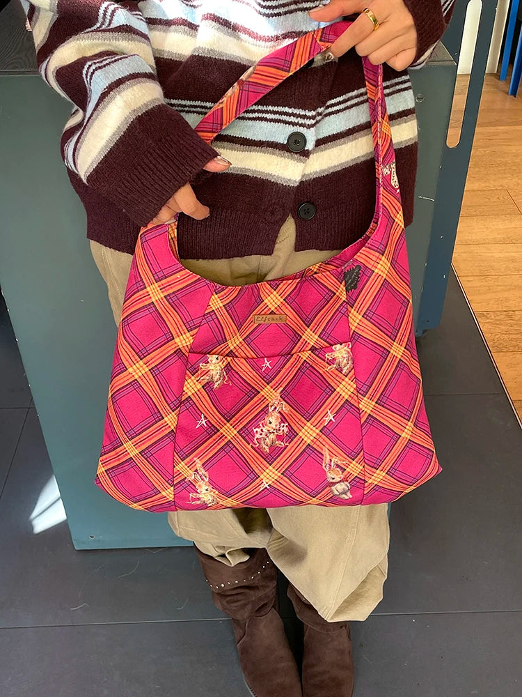 2025 Winter New Arrivals Casual Y2K Cartoon Rabbit Color Block Plaid Tote Bag For Woman