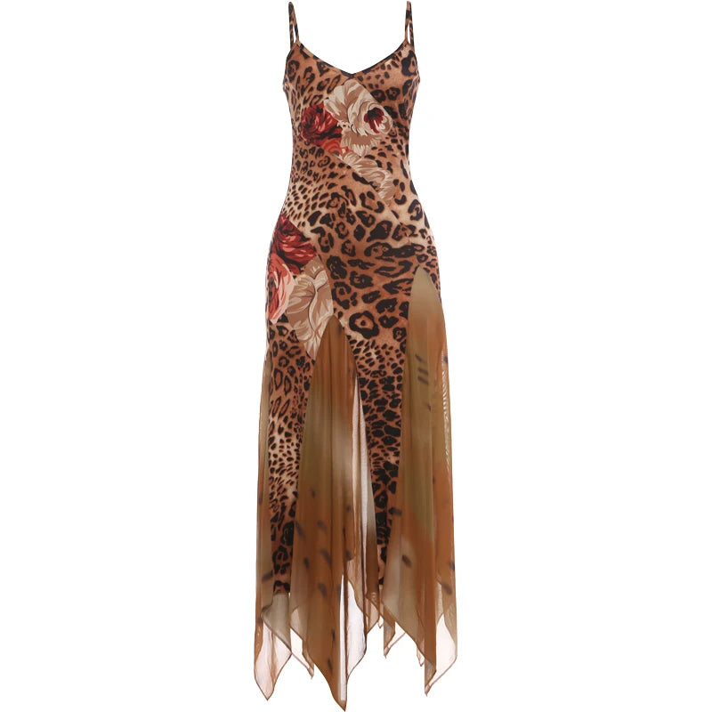 Patchwork Colorful Leopard Print Dress Women Fashion Hottie Irregular Hem Low-Neck Trend Wild Vacation Party Clubwear