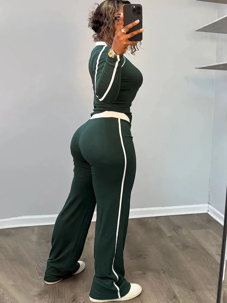 Sporty Simple Contrast Patchwork 2 Piece Set Woman V-Neck Full Sleeve Tops+Skinny Long Pants Casual Style Classic Outfits