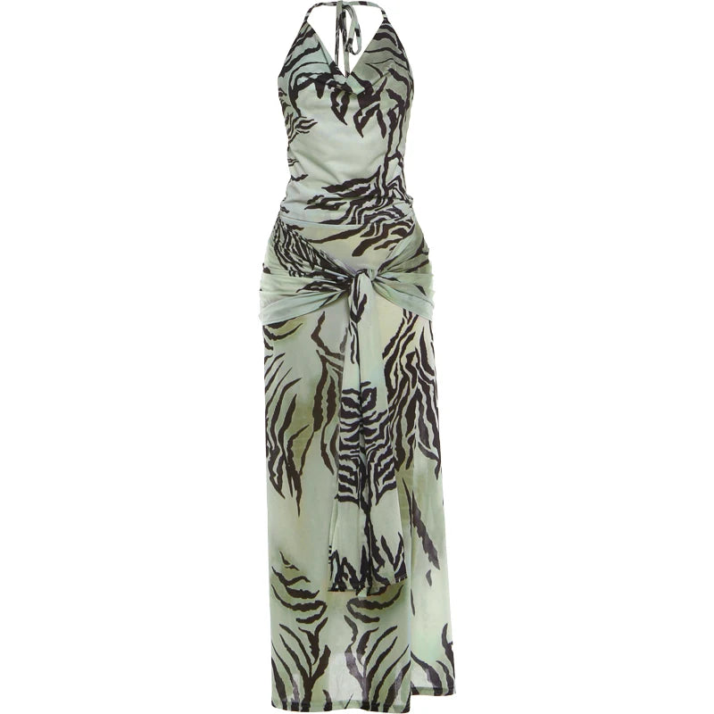 Summer Tiger Print 2-Piece Set Women Halter Bandage Swing Collar Backless Vest+Folds Tassel Long Skirt Fashion Party Suit