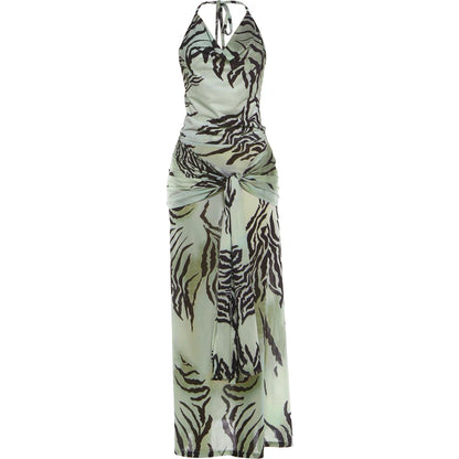 Summer Tiger Print 2-Piece Set Women Halter Bandage Swing Collar Backless Vest+Folds Tassel Long Skirt Fashion Party Suit