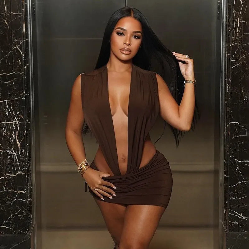 Women 2 Piece Bodycon Outfit Sleeveless Deep V Cutout Bodysuit Drawstring Ruched Mini Skirt Nightclub Party Matching Set