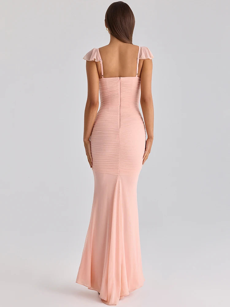 Sweetheart Neck Sexy Mermaid Maxi Dress Women Elegant Ruffle Sleeves Bodycon Evening Club Party Long Dress Female Gown