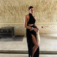 Sexy Asymmetrical Black Dress Party Tie Up Hollow Out Halter Backless Split Long Dresses for Woman