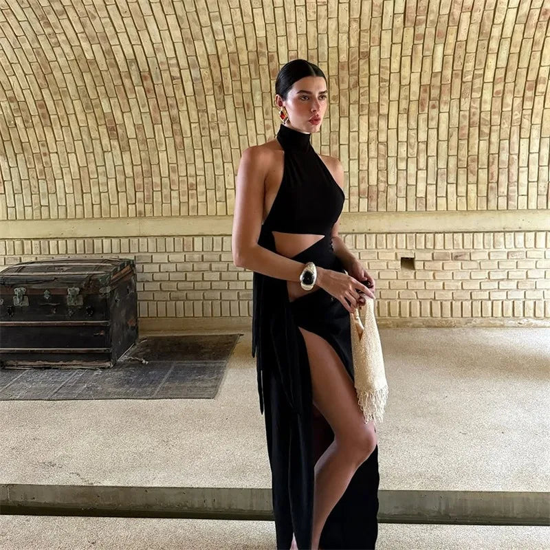 Sexy Asymmetrical Black Dress Party Tie Up Hollow Out Halter Backless Split Long Dresses for Woman