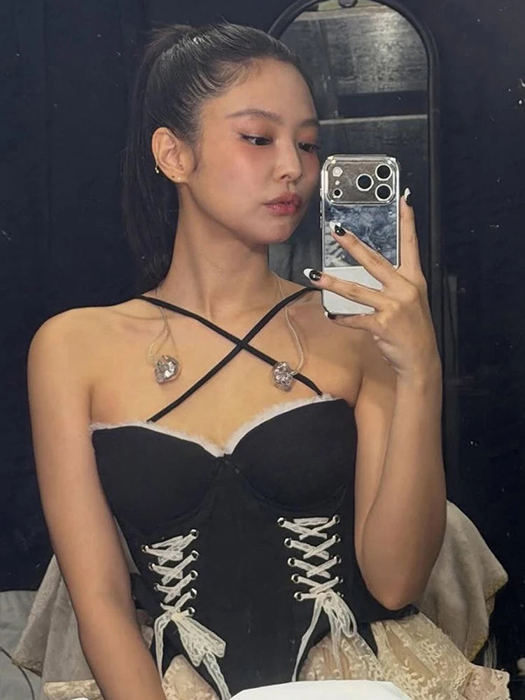 Fashion Halter Camisole Women Shirring Lace Patchwork Irregular Ruffle Hem Street Wild Music Festival Hottie Clubwear